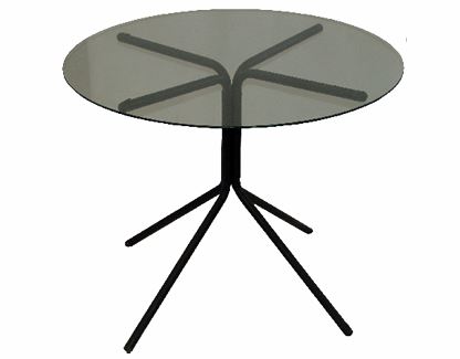 Tubular low table with round glass cover.